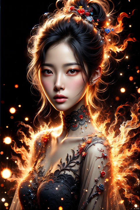(Best Quality), (Masterpiece), (Superdetail), Superdetail CG, (Illustration), (Detail Light), (An Extremely Exquisite and Beautiful), A Girl, Solo, (Upper Body,), (Cute Face), expressionless, (Beautiful Detail Eyes), Small Chest, (Small Chest: 1.2), Blue Dragon Eyes, (Vertical Pupils: 1.2) Red Hair, Glossy Hair, Colorful Inner Hair, [Armordress], Purple air decoration, fire decoration hair, depth of field, (spark), dofas, huo