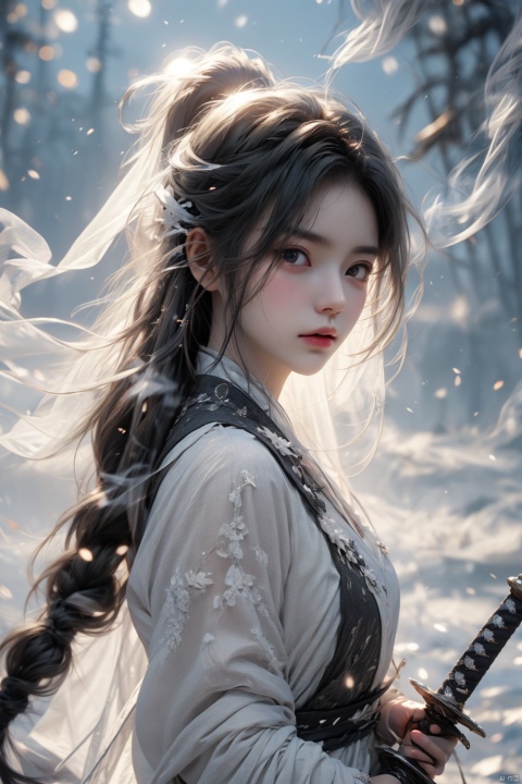  HDR, ultra high definition, 8K, high details, best quality, masterpiece, (minimalist style: 1.2), solo, 1 girl, female focus, long hair, (silver hair: 131, ponytail), boots, (height intensity: 0.8), (transparent, black and white, smoke surround: 1.35), (long, sword: 1.31), (special effects), white clothes, Hanfu, magic., Lighting Master, Dofas, (Shuanghua)
