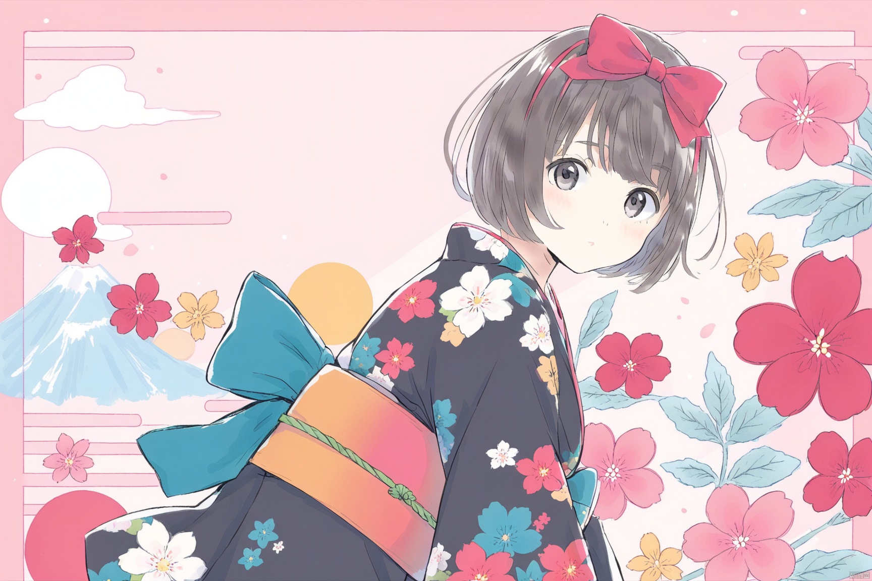  1girl, solo, japanese clothes,black kimono with colorful geometrical pattern print,short hair, looking at viewer, bangs, bob cut, bow, blunt bangs, big hair bow, hairband, pink background, floral background,in spring, obi, sash,cowboy_shot, chColor