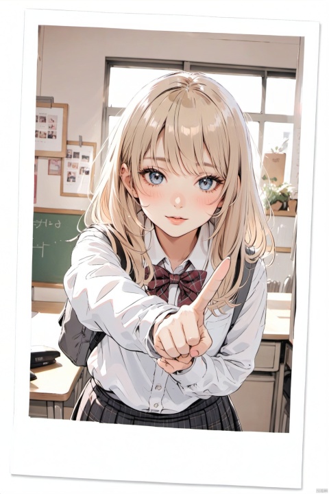 polaroid frame,1girl, solo, looking at viewer, blush, black eyes, long hair, bow, school uniform, pointing at viewer, bowtie, upper body, pointing, shirt, closed mouth, simple background, white shirt, blonde hair,collared shirt, bangs, long sleeves, sweater, , chColor, loli,indoors