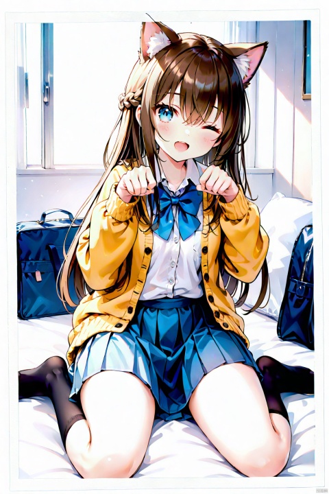 polaroid frame,1girl, animal ears, one eye closed, solo, skirt, sitting, wariza, brown hair, socks, shirt, school uniform, blue eyes, cardigan, bow, cat ears, bag, white shirt, paw pose, looking at viewer, bowtie, pleated skirt, open mouth, indoors, smile, blue bow, no shoes, braid, long sleeves, bangs, school bag, collared shirt, blush, kneehighs, long hair, blue bowtie, pillow, open clothes, blue skirt, hair between eyes, fang, black socks