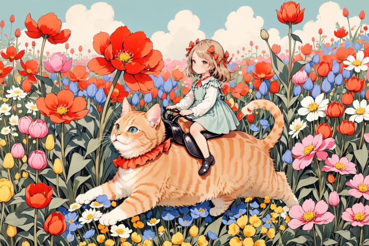 minigirl riding a cat in the flower field, oversized flowers,paleColor