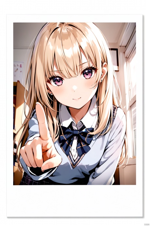 polaroid frame,1girl, solo, looking at viewer, blush, black eyes, long hair, bow, school uniform, pointing at viewer, bowtie, upper body, pointing, shirt, closed mouth, simple background, white shirt, blonde hair,collared shirt, bangs, long sleeves, sweater, , chColor, loli,indoors