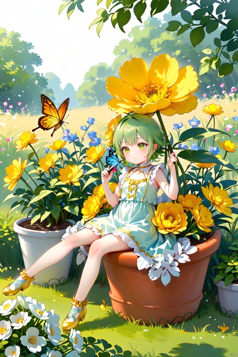 a minigirl sitting on the edge of a plant pot with an oversized flower,the flower with gold edges, an oversized butterfly on hand,garden,peony,pixie, loli, paleColor