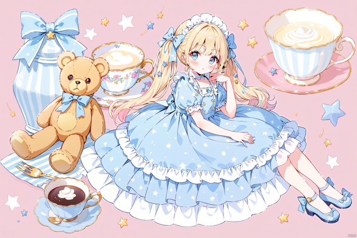  minigirl,oversized teacup,leaning on teacup,oversized teddy bear, solo, blonde hair, dress, bow, short sleeves, hair bow, bangs, long hair, twintails, blue dress, blue eyes, star (symbol), puffy sleeves,  frills, puffy short sleeves, blue bow, print dress, full body, shoes, blush, blue footwear, arm up, english text, lolita fashion, teddy bear, stuffed toy,border,shoes,dress, paleColor,pink hearted background