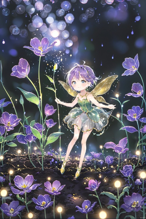  A little anime fairy flying over an oversized transparent purple tulip, beautiful face,full length shot, so beautiful,the flower with gold edges, colorful petals,dark night paleColor, waterM