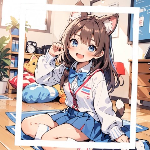 polaroid frame,1girl, animal ears, one eye closed, solo, skirt, sitting, wariza, brown hair, socks, shirt, school uniform, blue eyes, cardigan, bow, cat ears, white shirt, paw pose, looking at viewer, bowtie, pleated skirt, open mouth, indoors, smile, blue bow, no shoes, braid, long sleeves, bangs,  collared shirt, blush, kneehighs, long hair, blue bowtie, pillow, open clothes, blue skirt, hair between eyes, fang, black socks