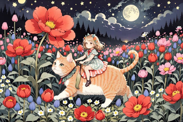 minigirl riding a cat in the flower field, oversized flowers,dark night,starring night,paleColor