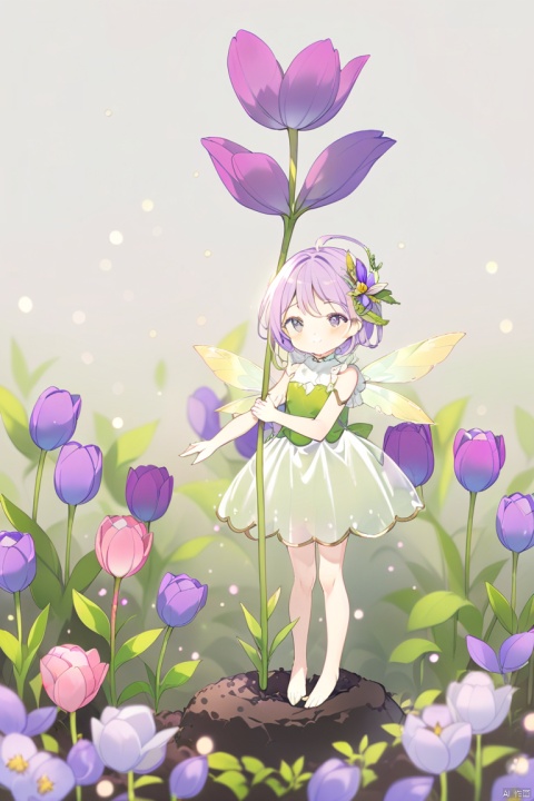  A little anime fairy, oversized semi-transparent purple tulip, beautiful face,full length shot, so beautiful,stand on a peny,the flower with gold edges, colorful petals,clean background, paleColor
