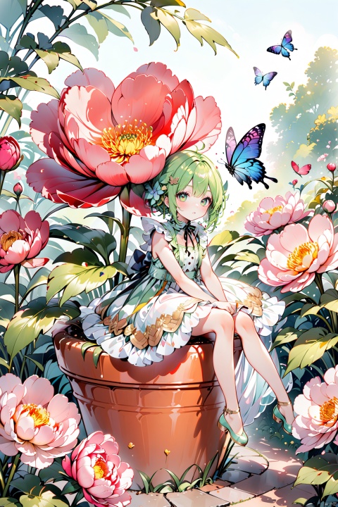  a minigirl sitting on the edge of a plant pot with an oversized flower,butterfly on it,garden,peony,pixie, loli, paleColor,