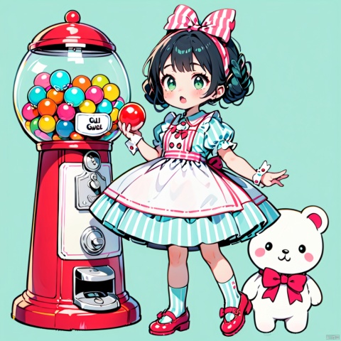 1girl,a gumball machine,eating an gumball, solo, green eyes, hair rings, dress, black hair, apron, braid, puffy sleeves, socks, aqua dress, shoes,  wrist cuffs, short sleeves, bangs, simple background, puffy short sleeves, striped, bow, open mouth,   hair bow, aqua background, 