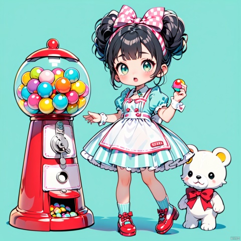 1girl,a gumball machine,eating an gumball, solo, green eyes, hair rings, dress, black hair, apron, braid, puffy sleeves, socks, aqua dress, shoes,  wrist cuffs, short sleeves, bangs, simple background, puffy short sleeves, striped, bow, open mouth,   hair bow, aqua background, , 3D IP\(hubgstyle)\