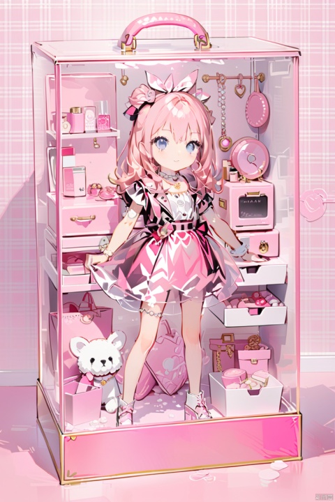 an unboxed barbie standing in a plastic box, lino, loli, rose,jewelery,pearl,plaid background