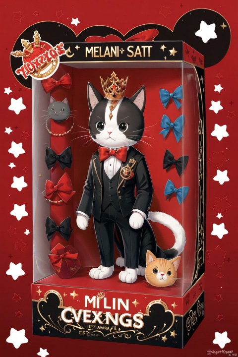 toy packaging design,male cat,bow,cute,crown,black suit,red velet background