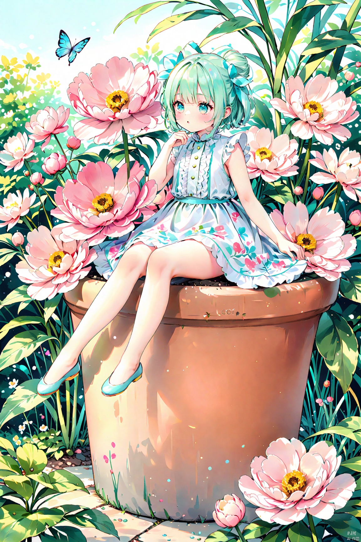  a minigirl sitting on the edge of a plant pot with an oversized flower,butterfly on it,garden,peony,pixie, loli, paleColor, waterM
