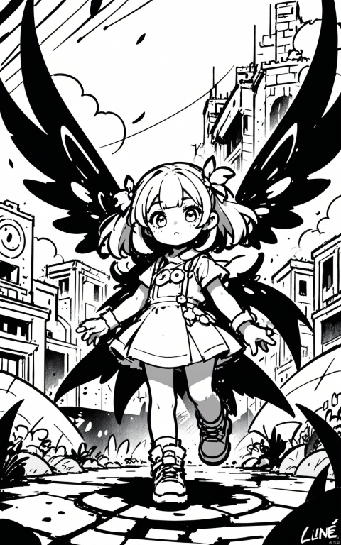  masterpiece,best quality, line art,line style,1girl,color chaos theme, loli,giant wings,