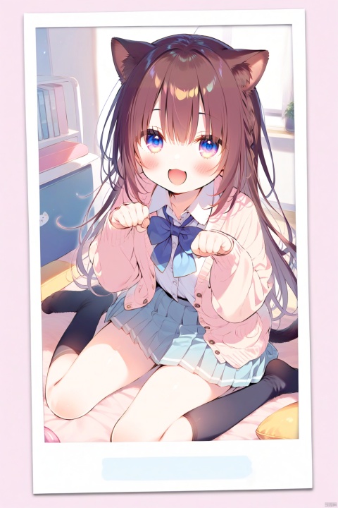 polaroid frame,1girl, animal ears, one eye closed, solo, skirt, sitting, wariza, brown hair, socks, shirt, school uniform, blue eyes, cardigan, bow, cat ears, white shirt, paw pose, looking at viewer, bowtie, pleated skirt, open mouth, indoors, smile, blue bow, no shoes, braid, long sleeves, bangs, collared shirt, blush, kneehighs, long hair, blue bowtie, pillow, open clothes, blue skirt, hair between eyes, fang, black socks