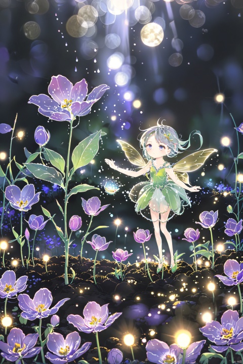  A little anime fairy flying over a oversized transparent purple tulip, beautiful face,full length shot, so beautiful,stand on a peny,the flower with gold edges, colorful petals,dark night paleColor, waterM