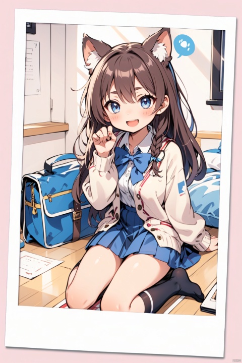 polaroid frame,1girl, animal ears, one eye closed, solo, skirt, sitting, wariza, brown hair, socks, shirt, school uniform, blue eyes, cardigan, bow, cat ears, white shirt, paw pose, looking at viewer, bowtie, pleated skirt, open mouth, indoors, smile, blue bow, no shoes, braid, long sleeves, bangs, school bag, collared shirt, blush, kneehighs, long hair, blue bowtie, pillow, open clothes, blue skirt, hair between eyes, fang, black socks