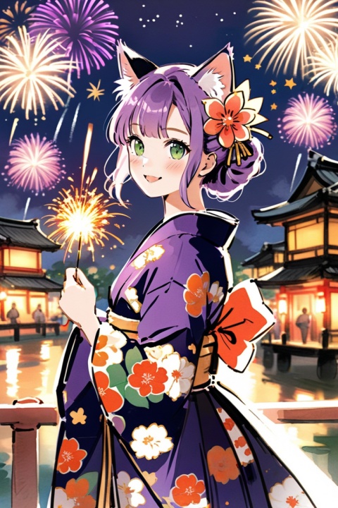  (best quality),(masterpiece),1girl, hair ornament, animal ears, japanese clothes, solo, kimono, cat ears, tail, green eyes, cat girl, smile, purple hair, obi, sash, outdoors, sparkler, looking at viewer, fireworks, blush, wide sleeves, open mouth, tail ornament, :d, flower, hairclip, hair flower, star hair ornament, animal ear fluff, long sleeves, bangs, holding, blurry, floral print, (\shen ming shao nv\)
