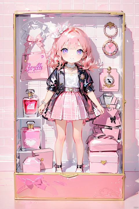 an unboxed barbie standing in a plastic box, lino, loli, rose,jewelery,pearl,plaid background, waterM