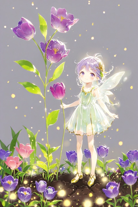  A little anime fairy, oversized transparent purple tulip, beautiful face,full length shot, so beautiful,stand on a peny,the flower with gold edges, colorful petals,clean background, paleColor