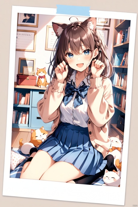 polaroid frame,1girl, animal ears, one eye closed, solo, skirt, sitting, wariza, brown hair, socks, shirt, school uniform, blue eyes, cardigan, bow, cat ears, white shirt, paw pose, looking at viewer, bowtie, pleated skirt, open mouth, indoors, smile, blue bow, no shoes, braid, long sleeves, bangs, collared shirt, blush, kneehighs, long hair, blue bowtie, pillow, open clothes, blue skirt, hair between eyes, fang, black socks, paleColor