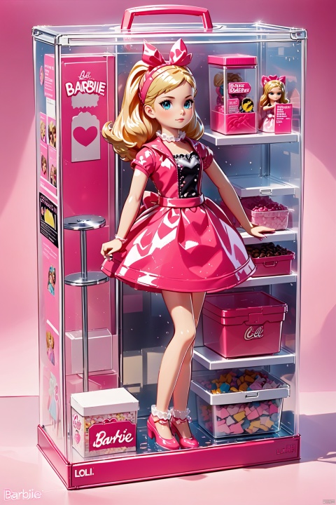an unboxed barbie standing in a plastic box, lino, loli