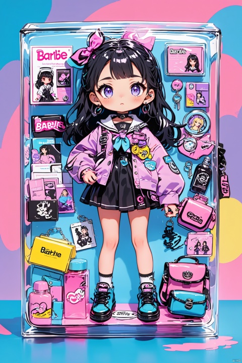 an unboxed barbie doll in school uniform standing in a plastic box,full body, lino, loli,purple eyes,serafuku, ear piercing, neckerchief, long hair, sailor collar, multicolored hair, bangs, piercing, jewelry, long sleeves, earrings, black sailor collar, shirt, colored inner hair, black hair, hair ornament, hairclip,bag,book