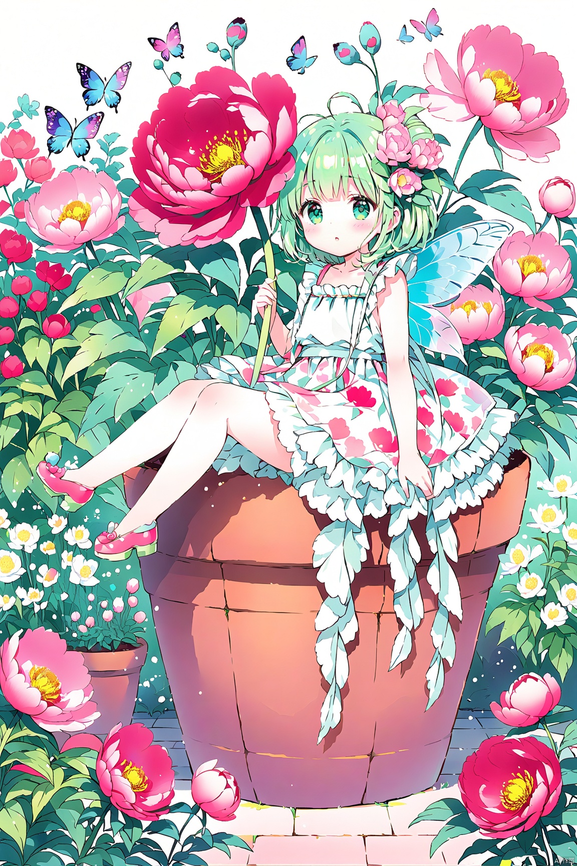  a minigirl sitting on the edge of a plant pot with an oversized flower,butterfly on it,garden,peony,pixie, loli, paleColor,