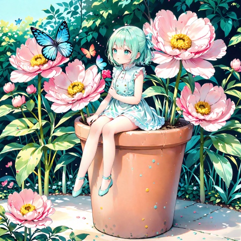  a minigirl sitting on the edge of a plant pot with an oversized flower,butterfly on it,garden,peony,pixie, loli, paleColor, waterM