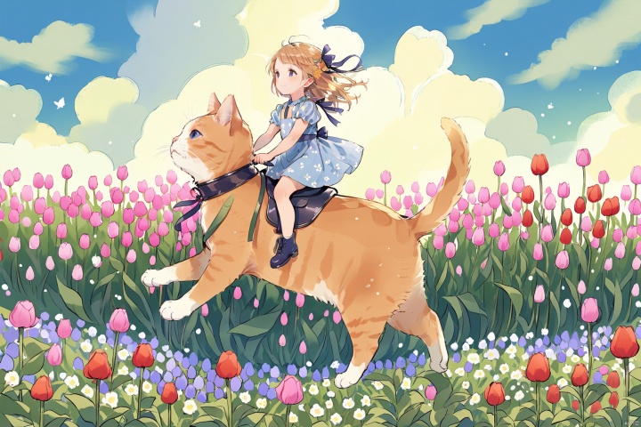 minigirl riding a cat in the flower field,low angle view, paleColor