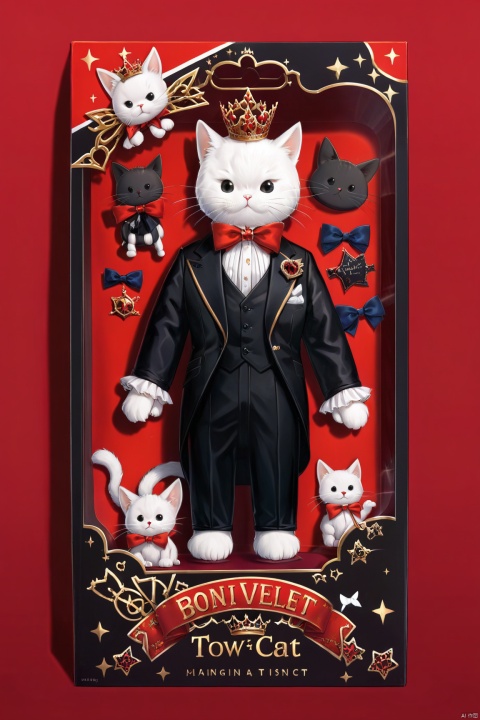 toy packaging design,male cat,bow,cute,crown,black suit,red velet background