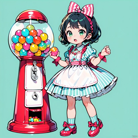 1girl,a gumball machine,(eating an gumball:1.2), solo, green eyes, hair rings, dress, black hair, apron, braid, puffy sleeves, socks, aqua dress, shoes,  wrist cuffs, short sleeves, bangs, simple background, puffy short sleeves, striped, bow, open mouth,   hair bow, aqua halftone background, 