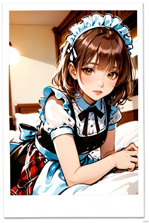 polaroid frame,1girl, maid headdress, solo, maid, lying, apron, looking at viewer, on stomach, brown eyes, brown hair, short sleeves, maid apron, bangs, on bed, blurry, indoors, closed mouth, blurry background, dress, blush, dutch angle, plaid, medium hair, white apron, pillow, bed