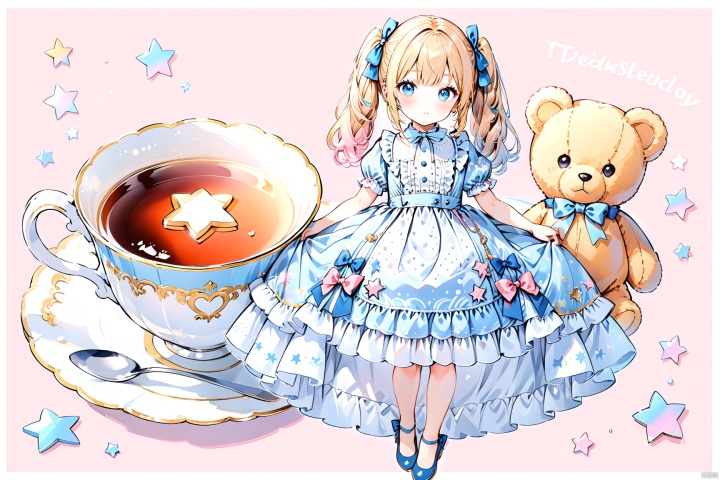  minigirl,oversized teacup,leaning on teacup,oversized teddy bear, solo, blonde hair, dress, bow, short sleeves, hair bow, bangs, long hair, twintails, blue dress, blue eyes, star (symbol), puffy sleeves,  frills, puffy short sleeves, blue bow, print dress, full body, shoes, blush, blue footwear, arm up, english text, lolita fashion, teddy bear, stuffed toy,border,shoes,dress, paleColor,pink hearted background