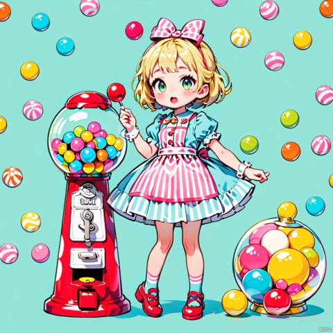 1girl,a gumball machine(,eating an gumball:1.3), solo, green eyes, short hair,dress, blonde short hair, apron, puffy sleeves, socks, aqua dress, shoes,  wrist cuffs, short sleeves, bangs, simple background, puffy short sleeves, striped, bow, open mouth,   hair bow, candy background, , waterM, 3D IP\(hubgstyle)\