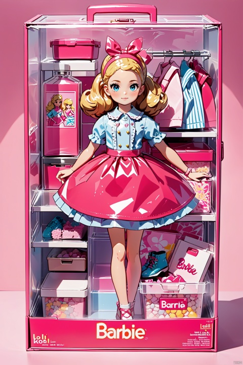 an unboxed barbie standing in a plastic box, lino, loli