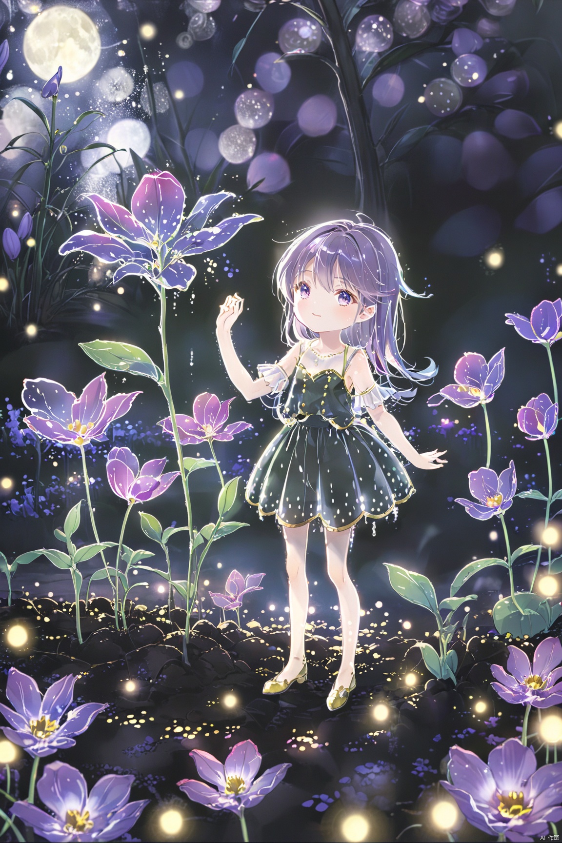  A little anime fairy, oversized transparent purple tulip, beautiful face,full length shot, so beautiful,stand on a peny,the flower with gold edges, colorful petals,dark night paleColor, waterM