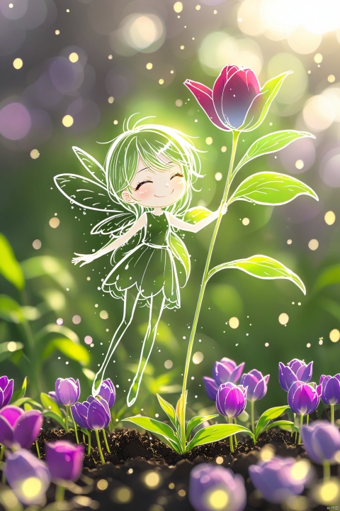  A little anime fairy, oversized transparent purple tulip, beautiful face,full length shot, so beautiful,stand on a peny,the flower with gold edges, colorful petals,clean background