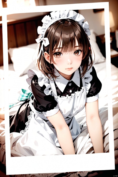 polaroid frame,1girl, maid headdress, solo, maid, lying, apron, looking at viewer, on stomach, brown eyes, brown hair, short sleeves, maid apron, bangs, on bed, blurry, indoors, closed mouth, blurry background, dress, blush, dutch angle, plaid, medium hair, white apron, pillow, bed, waterM