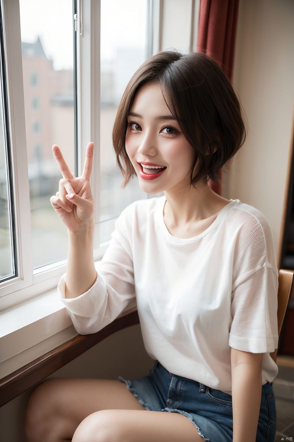 A cute girl with short hair, making a funny tongue sticking expression and making a victory gesture with one hand, sitting by the window