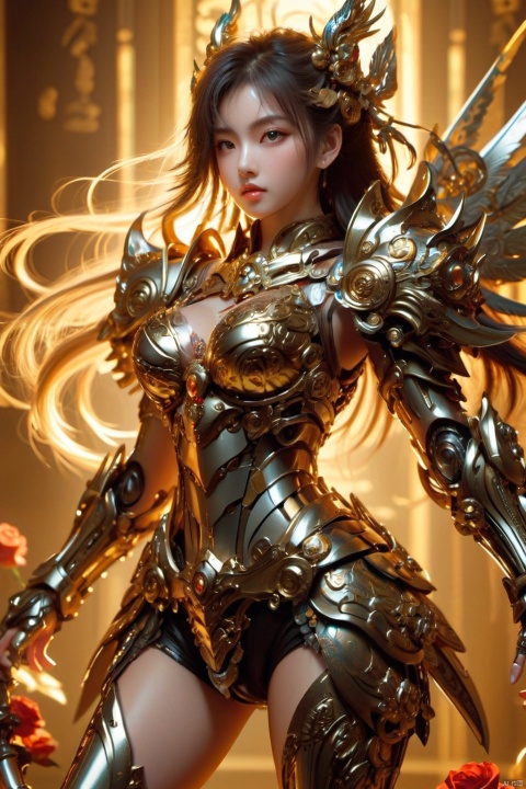 Anime girl Dragon Girl standing on a machine battle armor, full body photo, holding a golden rose in her mouth, with a domineering tattoo pattern on her legs, a detail painting by Tang Di, cgcity, rayonism, splash art anime loli, uwu high fructose