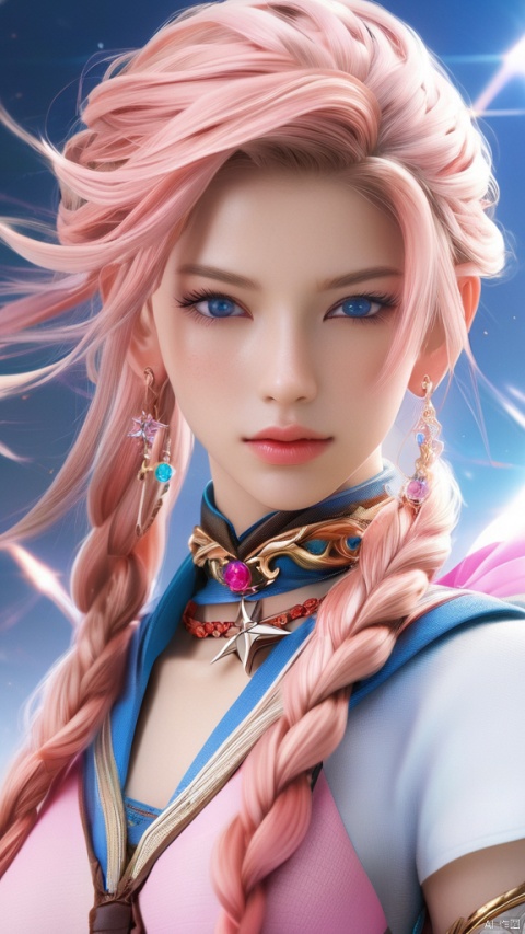  cg art,final fantasy,a man attacking to viewer,ivory hair,close-up perspective,pov shot,epic scene,exaggerated perspective,sparkling lights,best quality,masterpiece,1boy,solo,braid,jewelry,pink hair,necklace,multicolored hair,white background,looking at viewer,eyelashes,simple background,parted lips,earrings,multiple braids,upper body,blue eyes,star (symbol,long hair,lips,collarbone,forehead,nose,makeup,mole,pink lips,dress,multicolored clothes,realistic,mascara