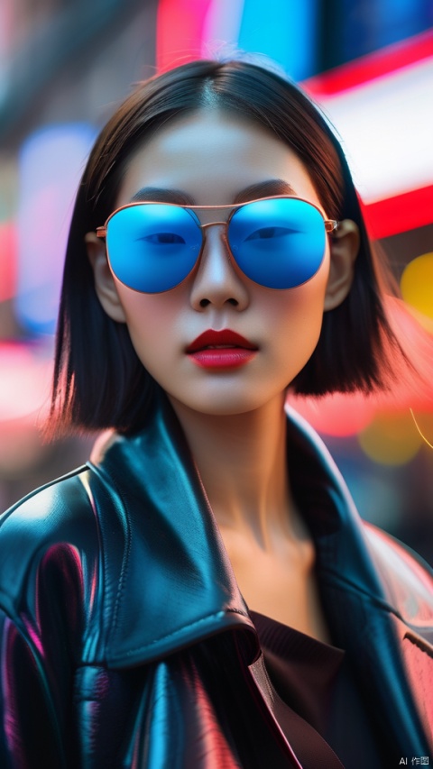 Digital art and concept art, Chinese girl, Giordano, Ray Ban,bluetooth headset, in the style of cyberpunk realism, shot with EOS R5, RF85mm F1.2 L USM, photo taken with fujifilm PRO160NS,Typical cyberpunk background, realistic anamorphic art, candid shots of famous figures, translucent color,hyper natural skin, global illumination, very natural features, hyper-realistic, detail-oriented --ar 3:4