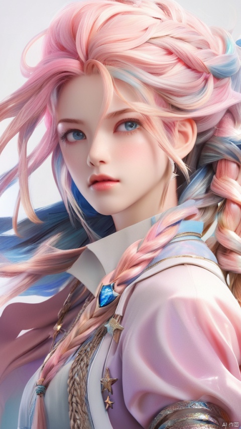 cg art,final fantasy,a man attacking to viewer,ivory hair,close-up perspective,pov shot,epic scene,exaggerated perspective,sparkling lights,best quality,masterpiece,1boy,solo,braid,jewelry,pink hair,necklace,multicolored hair,white background,looking at viewer,eyelashes,simple background,parted lips,earrings,multiple braids,upper body,blue eyes,star (symbol,long hair,lips,collarbone,forehead,nose,makeup,mole,pink lips,dress,multicolored clothes,realistic,mascara