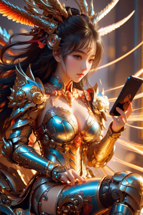 Anime girl Dragon Girl sits on a machine armor, playing games with her phone in hand, with a domineering tattoo pattern on her legs. A detail painting by Tang Di, cgcity, rayonism, splash art anime loli, uwu high fructose
