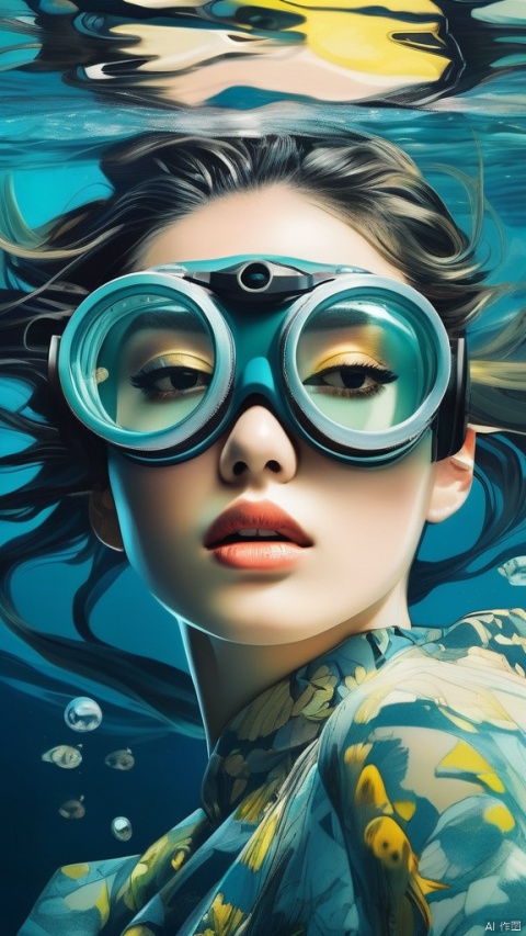 a manga girl wearing a pair of goggles under the water, in the style of surreal fashion photography, flowing fabrics, dark teal and light navy, precise hyperrealism, site-specific artworks, dark cyan and yellow, uniformly staged images