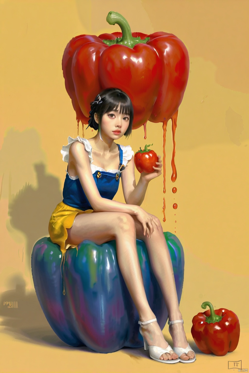Anime girl sitting in a large and tall sweet pepper cup, a detailed painting by Tang Di, cgcity, rayonism, splash art anime loli, uwu high fructose