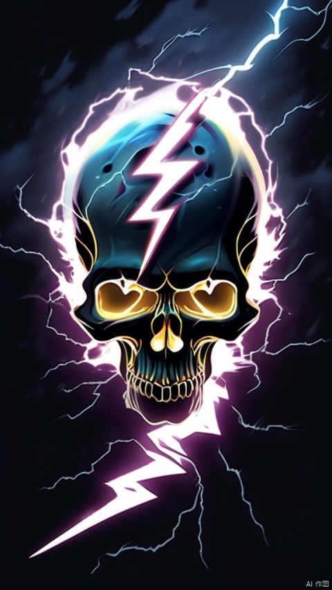gloomy fantasy art of a lightning bolt in the shape of a ghostly skull striking a wizard